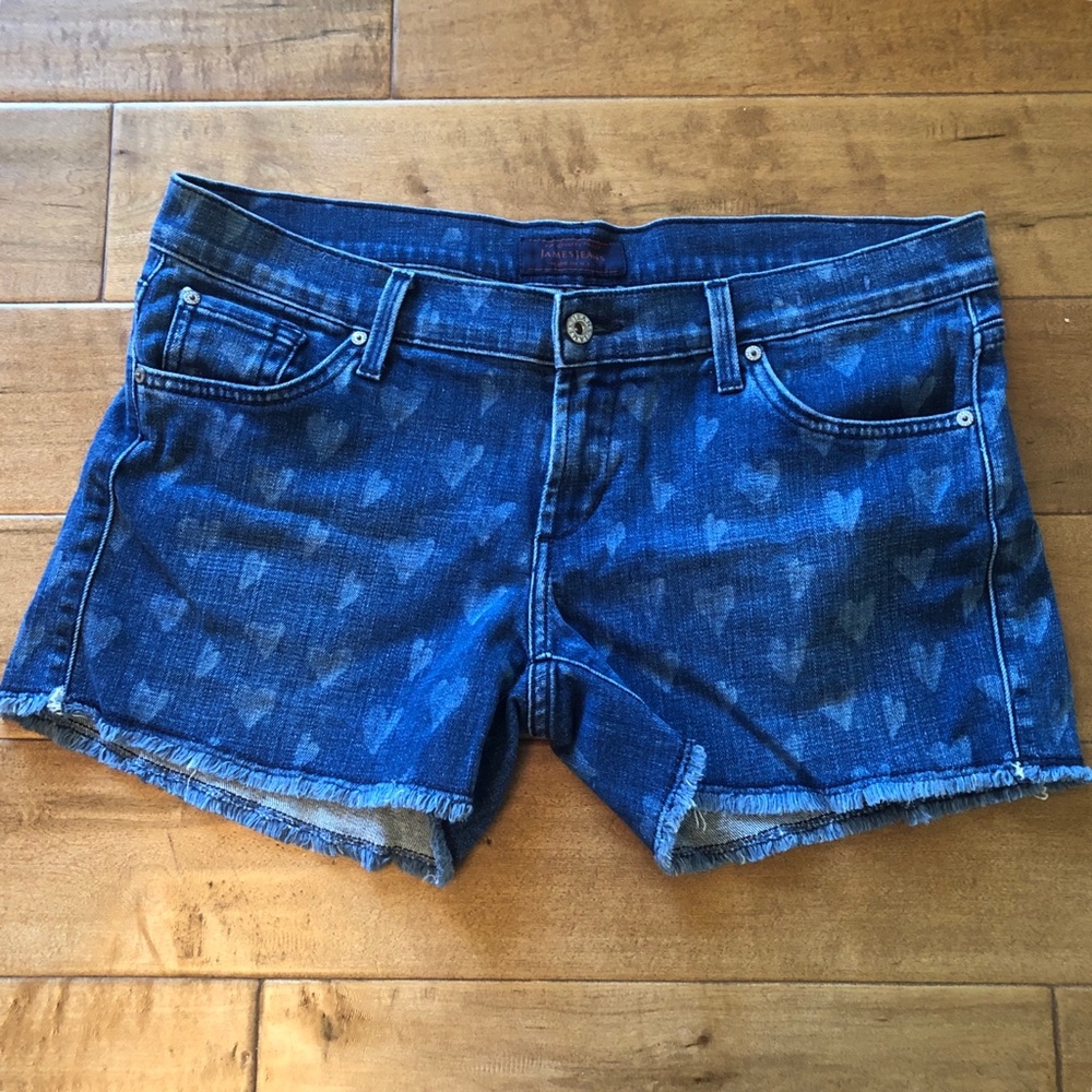 James Jeans Heart Print Blue Denim Shorty Shorts with Distressed Hem Size 30